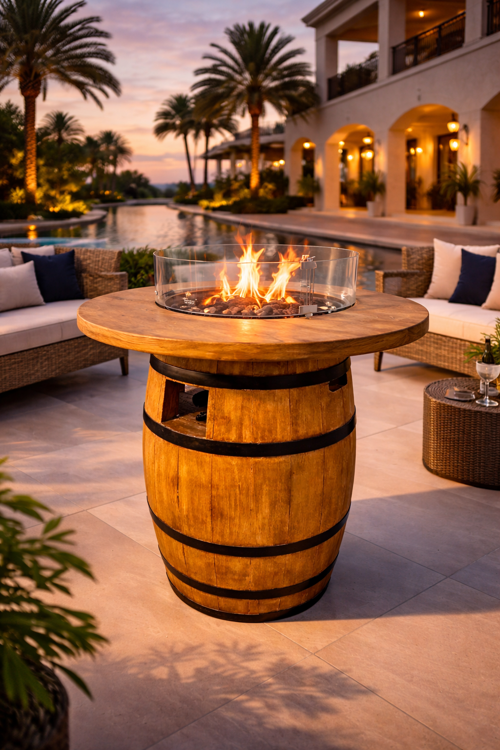 Procida Tonneau Flamme Dorée - Table Feu Bois Jaune Tonneau Chauffage Jardin CE