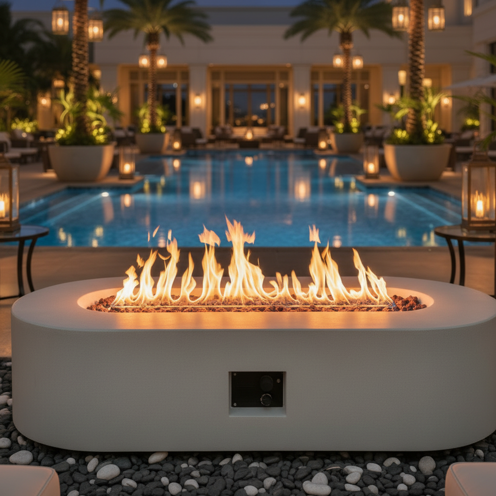 Capri Foyer Ovale Éclat - Table Gaz Propane Béton Luxe Extérieur