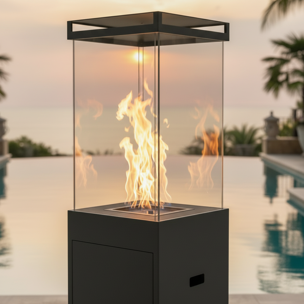 Amalfi Pilier Acier Éclat - Chauffe-Terrasse Gaz Acier Étanché Autoportant Luxe Patio Piscine