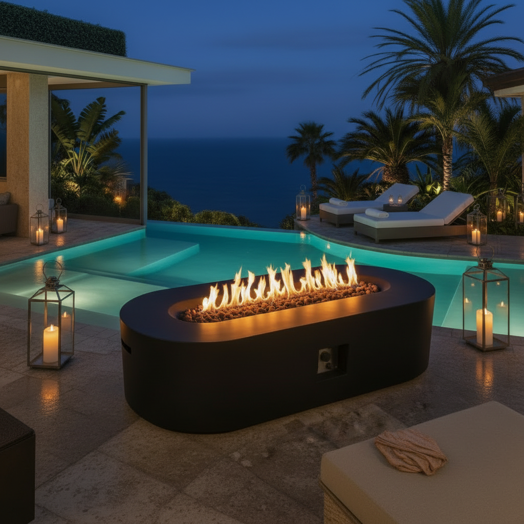 Capri Foyer Ovale Éclat - Table Gaz Propane Béton Luxe Extérieur