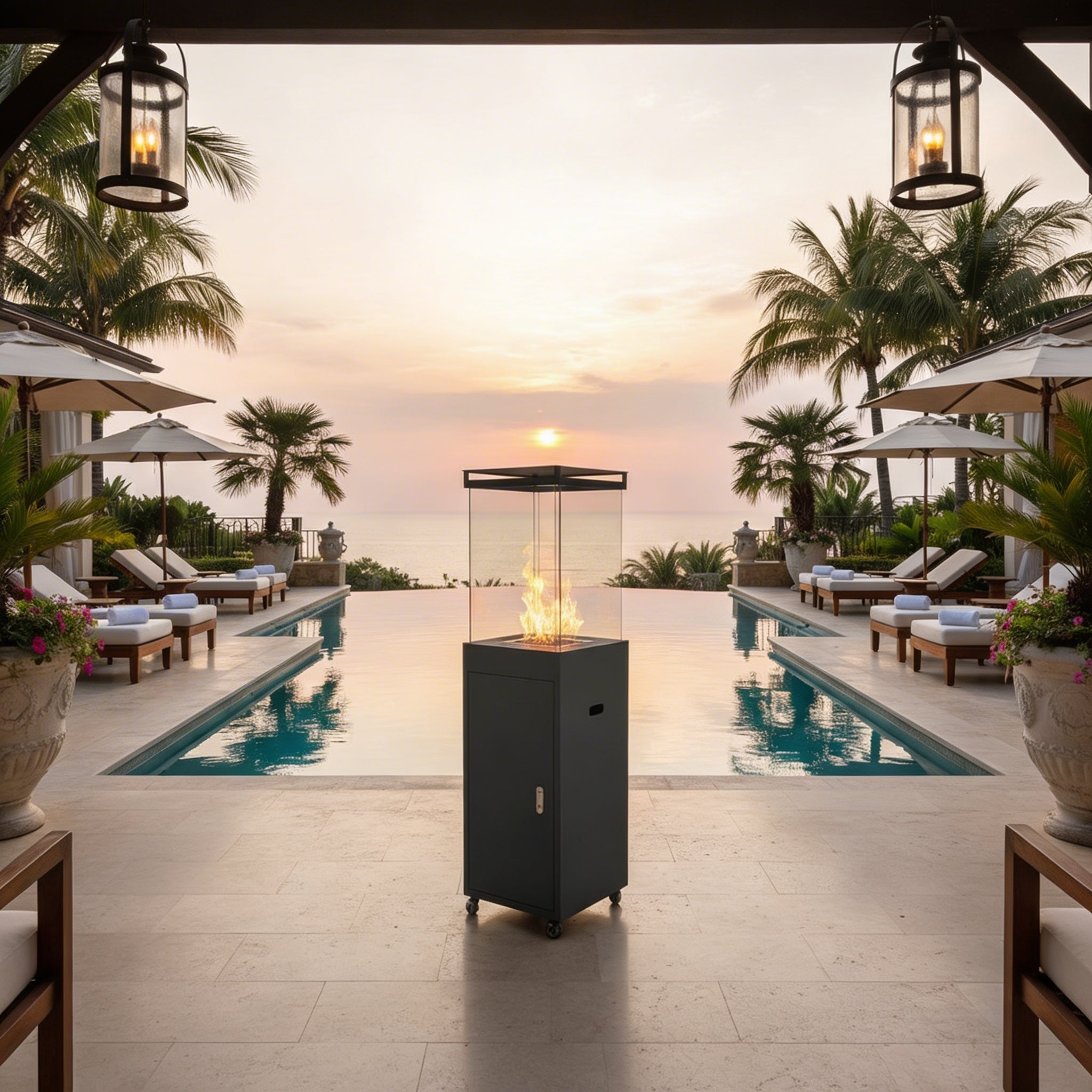 Amalfi Pilier Acier Éclat - Chauffe-Terrasse Gaz Acier Étanché Autoportant Luxe Patio Piscine