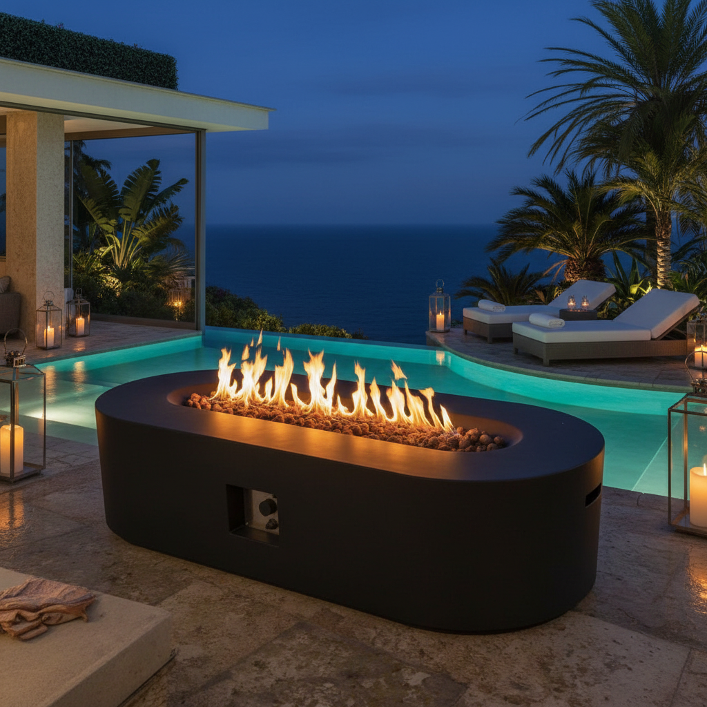 Capri Foyer Ovale Éclat - Table Gaz Propane Béton Luxe Extérieur