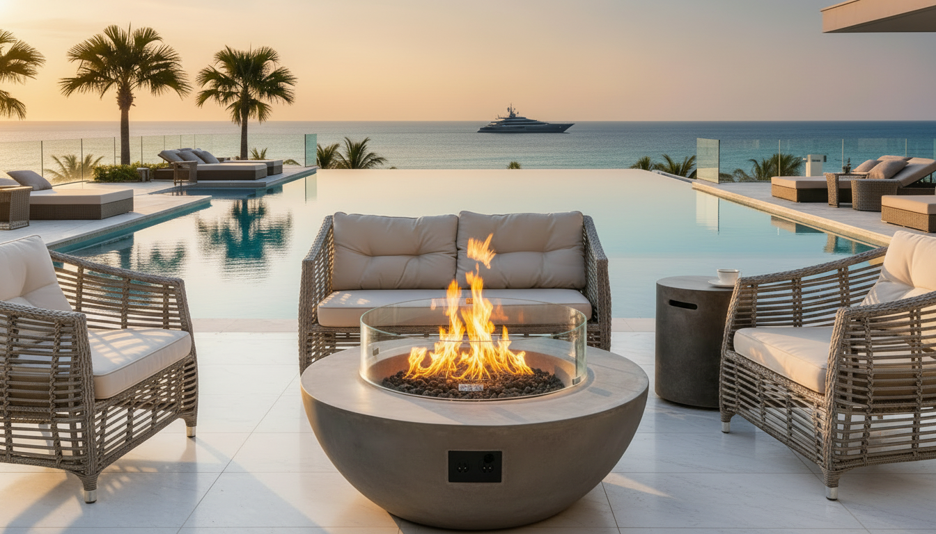 Malte Bol Béton Chic - Table Basse Jardin Fire Pit Verre Trempé Béton Gris France