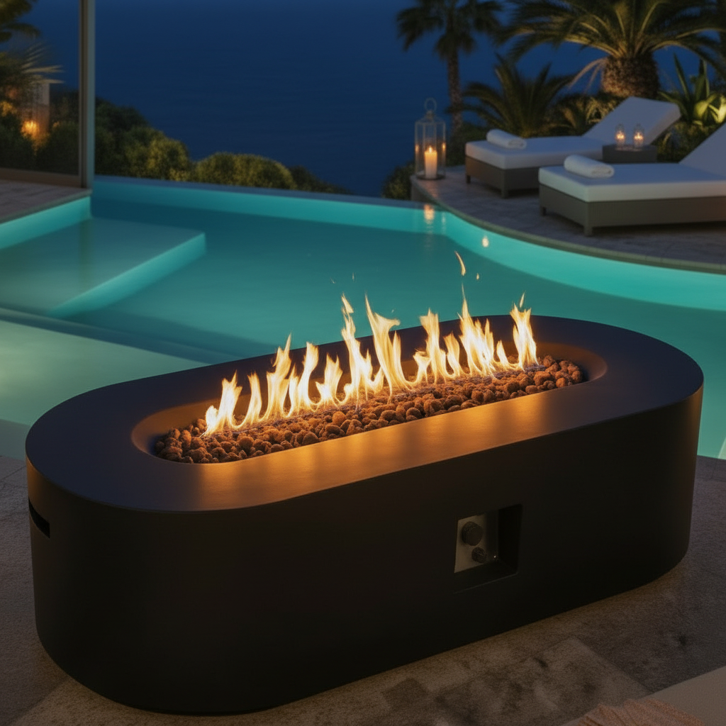 Capri Foyer Ovale Éclat - Table Gaz Propane Béton Luxe Extérieur